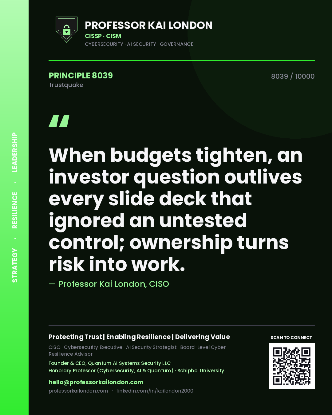 Quote card by Professor Kai London reading 'When budgets tighten, an investor question outlives every slide deck that ignored an untested control; ownership turns risk into work.'. From the book Trustquake.
