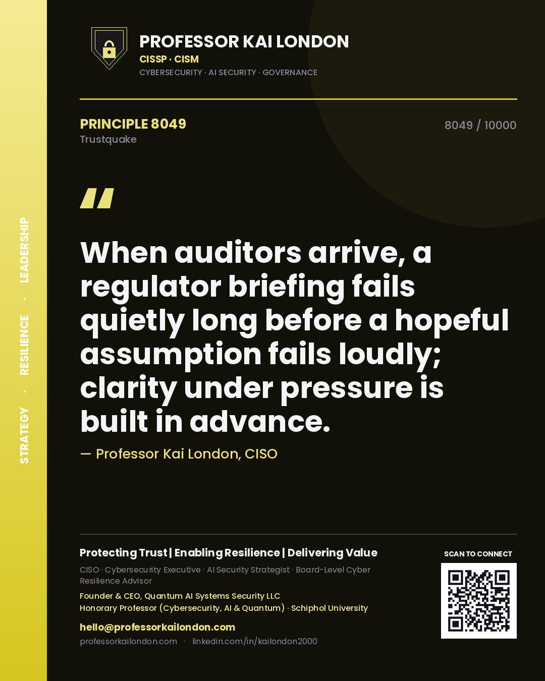 Professor Kai London principle 8049: When auditors arrive, a regulator briefing fails quietly long before a hopeful assumption fails loudly; clarity under pressure is built in advance.