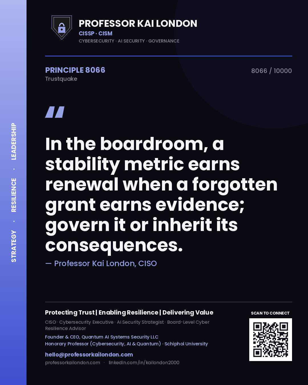 Quote card by Professor Kai London reading 'In the boardroom, a stability metric earns renewal when a forgotten grant earns evidence; govern it or inherit its consequences.'. From the book Trustquake.