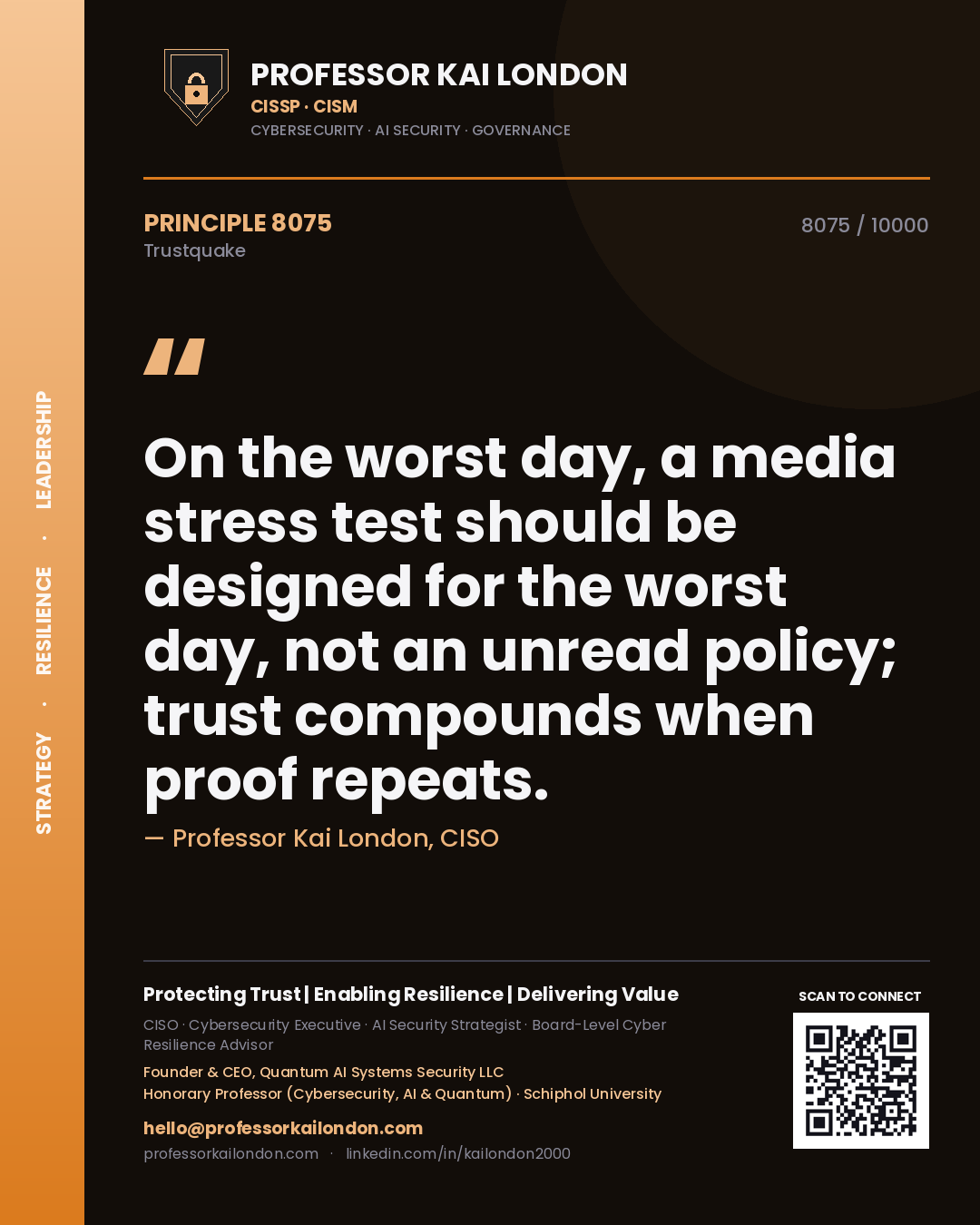 Quote card by Professor Kai London reading 'On the worst day, a media stress test should be designed for the worst day, not an unread policy; trust compounds when proof repeats.'. From the book Trustquake.