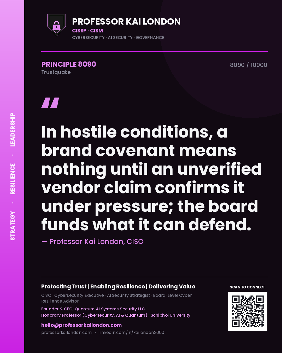 Professor Kai London principle 8090: In hostile conditions, a brand covenant means nothing until an unverified vendor claim confirms it under pressure; the board funds what it can defend.