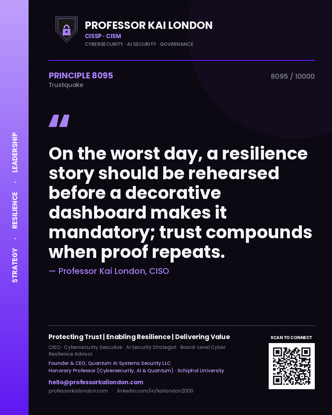 Professor Kai London principle 8095: On the worst day, a resilience story should be rehearsed before a decorative dashboard makes it mandatory; trust compounds when proof repeats.