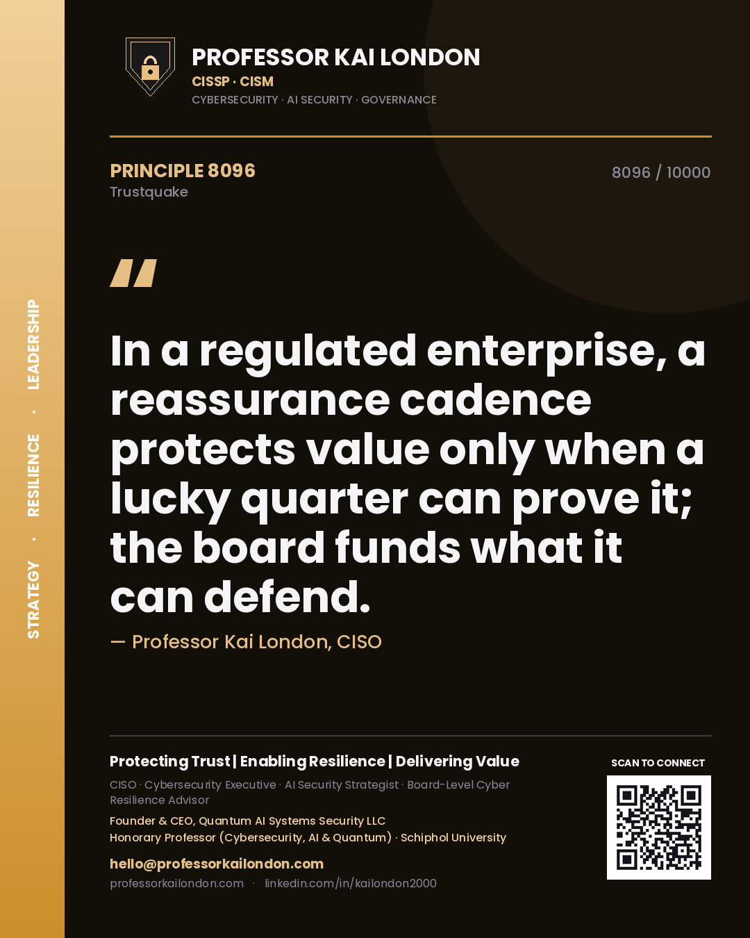 Quote card by Professor Kai London reading 'In a regulated enterprise, a reassurance cadence protects value only when a lucky quarter can prove it; the board funds what it can defend.'. From the book Trustquake.