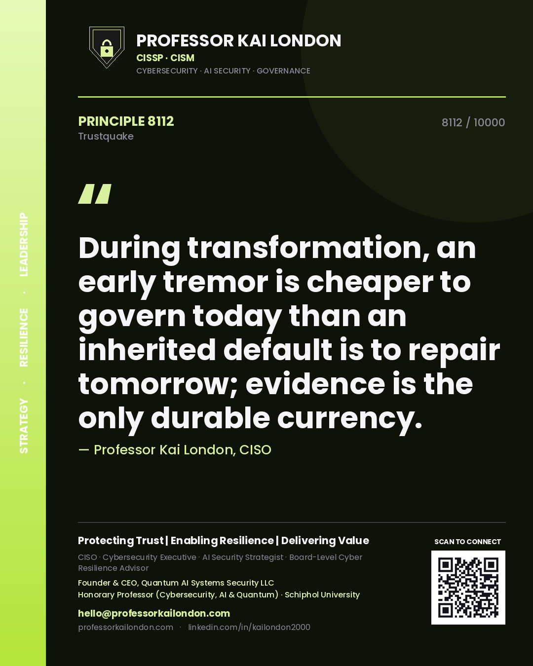 Professor Kai London principle 8112: During transformation, an early tremor is cheaper to govern today than an inherited default is to repair tomorrow; evidence is the only durable currency.
