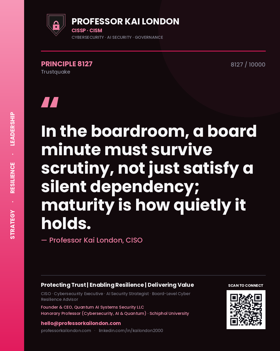 Quote card by Professor Kai London reading 'In the boardroom, a board minute must survive scrutiny, not just satisfy a silent dependency; maturity is how quietly it holds.'. From the book Trustquake.