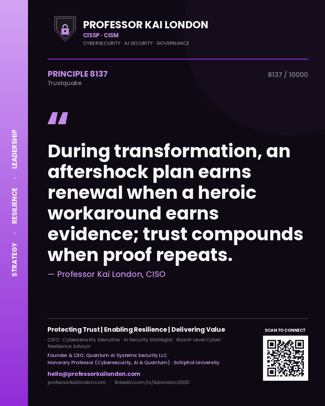 Quote card by Professor Kai London reading 'During transformation, an aftershock plan earns renewal when a heroic workaround earns evidence; trust compounds when proof repeats.'. From the book Trustquake.