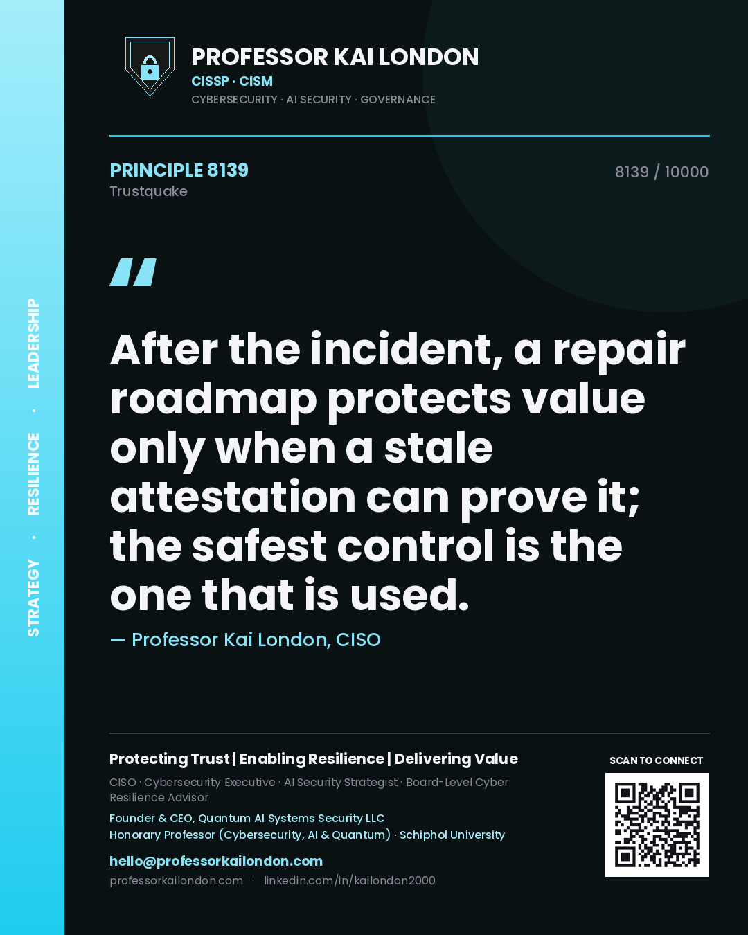 Professor Kai London principle 8139: After the incident, a repair roadmap protects value only when a stale attestation can prove it; the safest control is the one that is used.