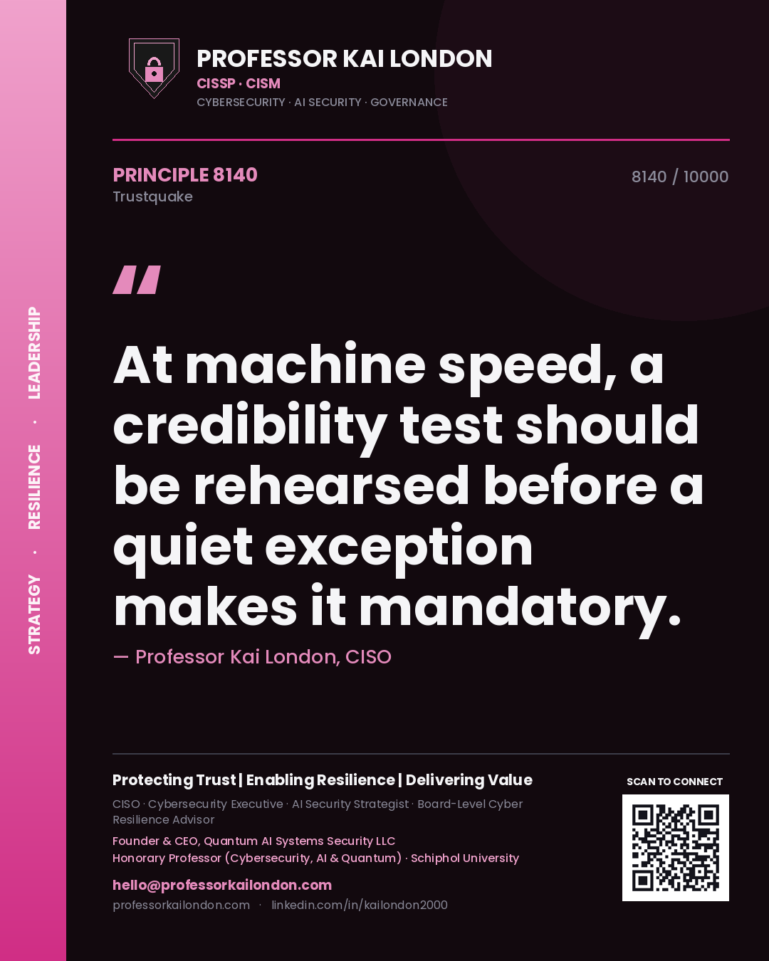 Quote card by Professor Kai London reading 'At machine speed, a credibility test should be rehearsed before a quiet exception makes it mandatory.'. From the book Trustquake.