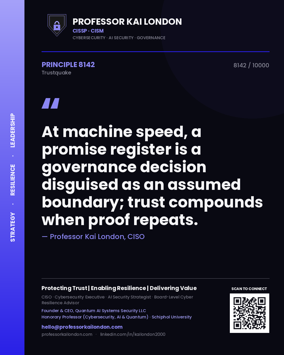 Professor Kai London principle 8142: At machine speed, a promise register is a governance decision disguised as an assumed boundary; trust compounds when proof repeats.