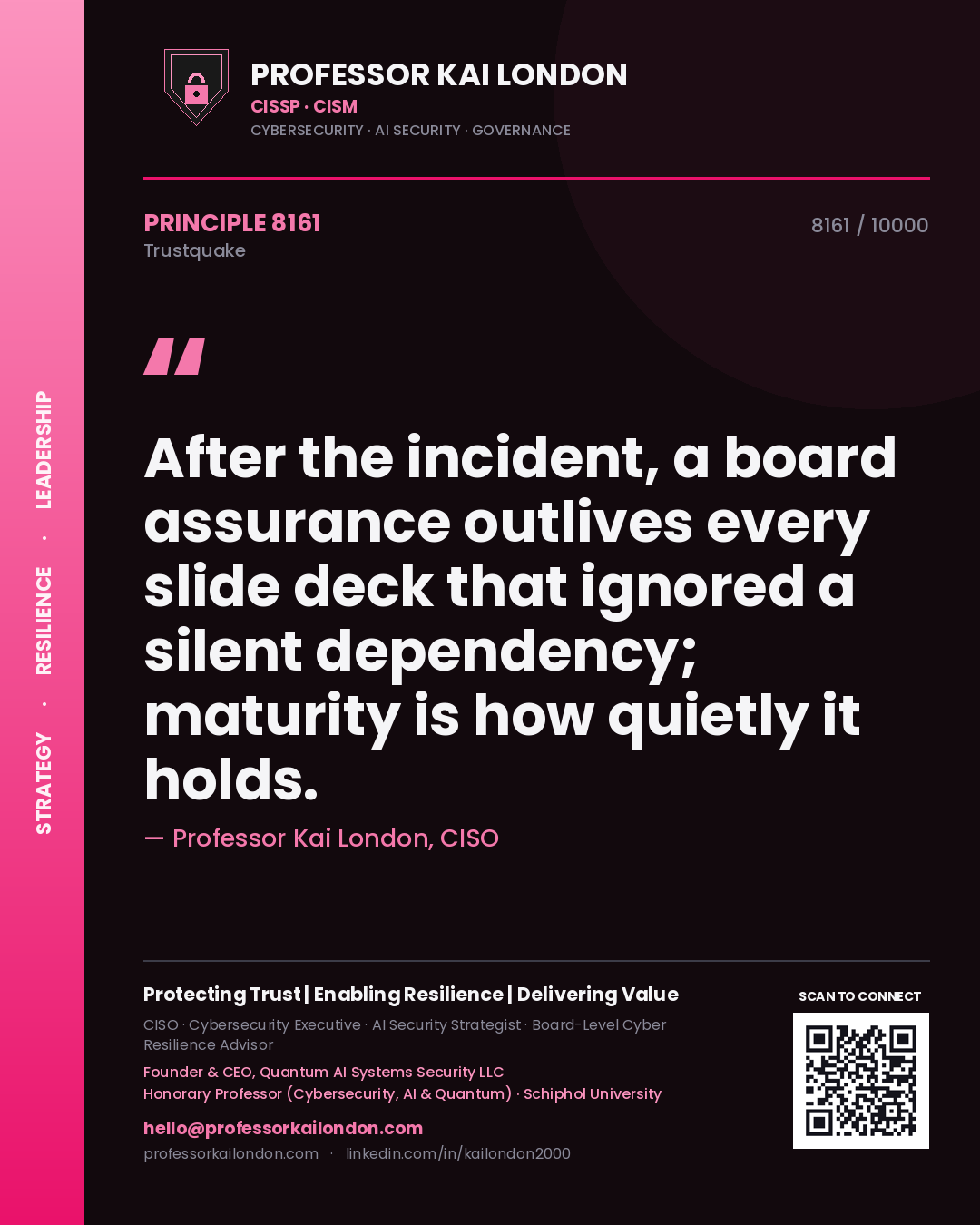 Professor Kai London principle 8161: After the incident, a board assurance outlives every slide deck that ignored a silent dependency; maturity is how quietly it holds.