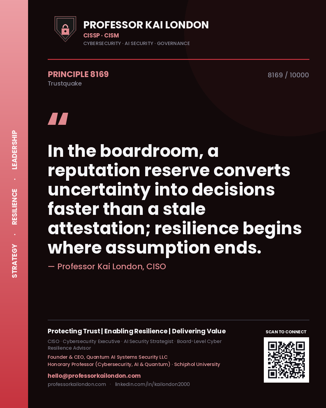 Professor Kai London principle 8169: In the boardroom, a reputation reserve converts uncertainty into decisions faster than a stale attestation; resilience begins where assumption ends.