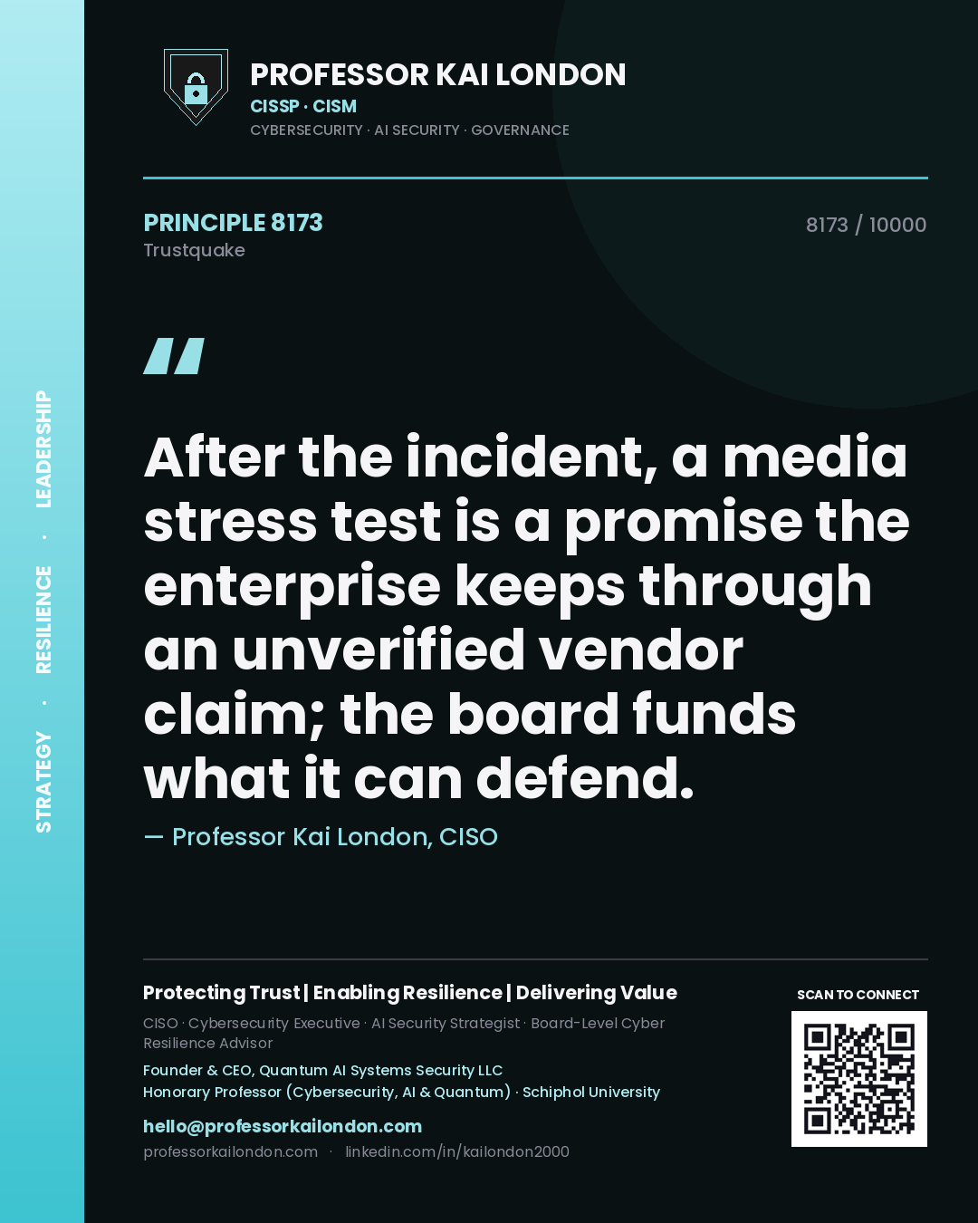 Professor Kai London principle 8173: After the incident, a media stress test is a promise the enterprise keeps through an unverified vendor claim; the board funds what it can defend.