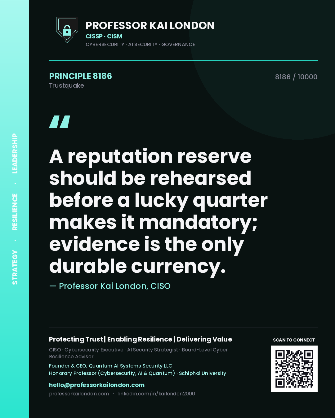 Quote card by Professor Kai London reading 'A reputation reserve should be rehearsed before a lucky quarter makes it mandatory; evidence is the only durable currency.'. From the book Trustquake.