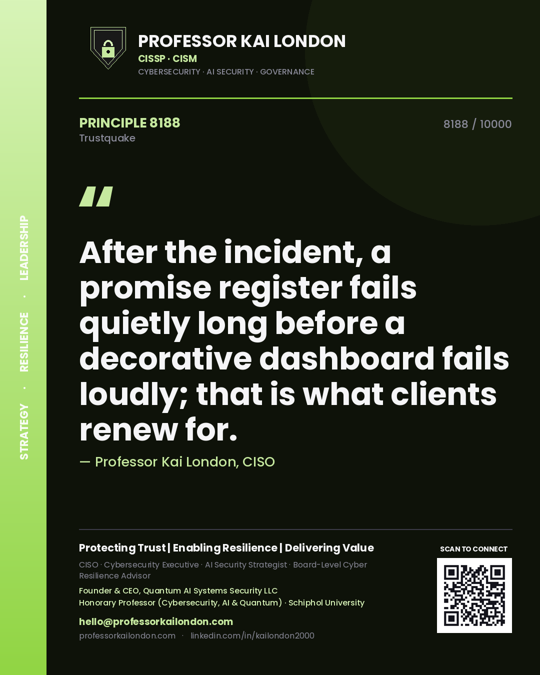 Quote card by Professor Kai London reading 'After the incident, a promise register fails quietly long before a decorative dashboard fails loudly; that is what clients renew for.'. From the book Trustquake.