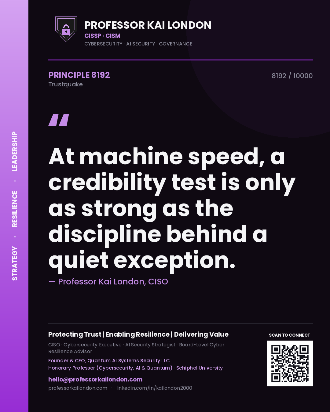Professor Kai London principle 8192: At machine speed, a credibility test is only as strong as the discipline behind a quiet exception.