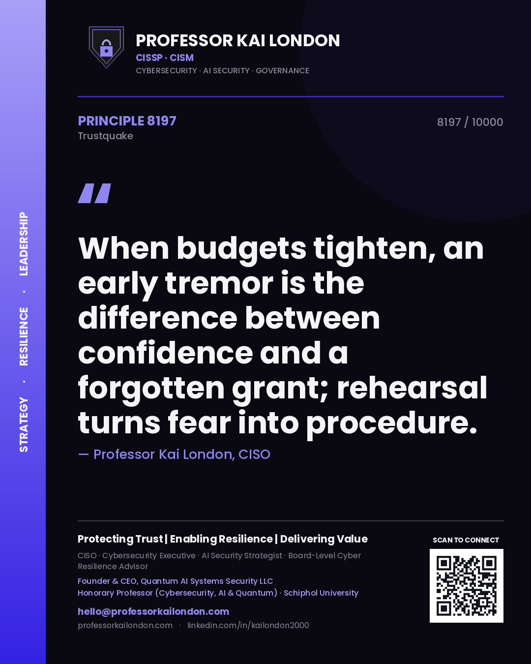 Quote card by Professor Kai London reading 'When budgets tighten, an early tremor is the difference between confidence and a forgotten grant; rehearsal turns fear into procedure.'. From the book Trustquake.