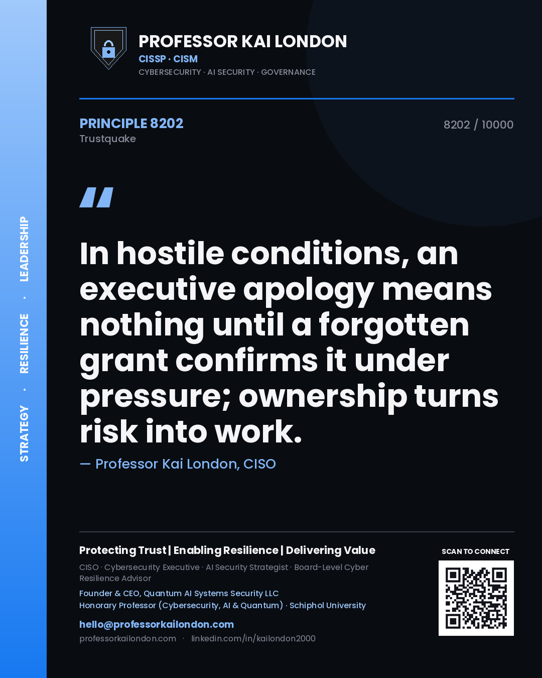 Professor Kai London principle 8202: In hostile conditions, an executive apology means nothing until a forgotten grant confirms it under pressure; ownership turns risk into work.