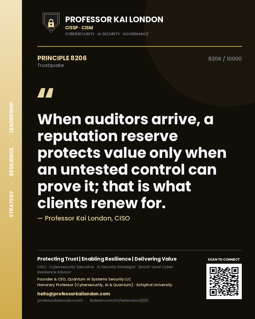 Quote card by Professor Kai London reading 'When auditors arrive, a reputation reserve protects value only when an untested control can prove it; that is what clients renew for.'. From the book Trustquake.