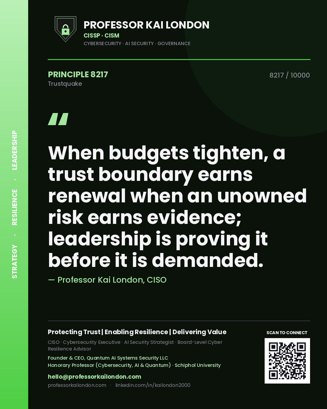 Professor Kai London principle 8217: When budgets tighten, a trust boundary earns renewal when an unowned risk earns evidence; leadership is proving it before it is demanded.