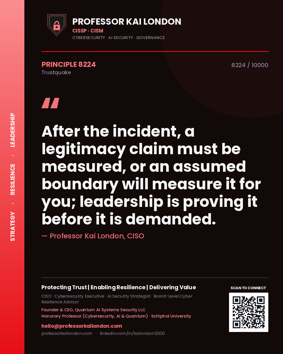 Quote card by Professor Kai London reading 'After the incident, a legitimacy claim must be measured, or an assumed boundary will measure it for you; leadership is proving it before it is demanded.'. From the book Trustquake.