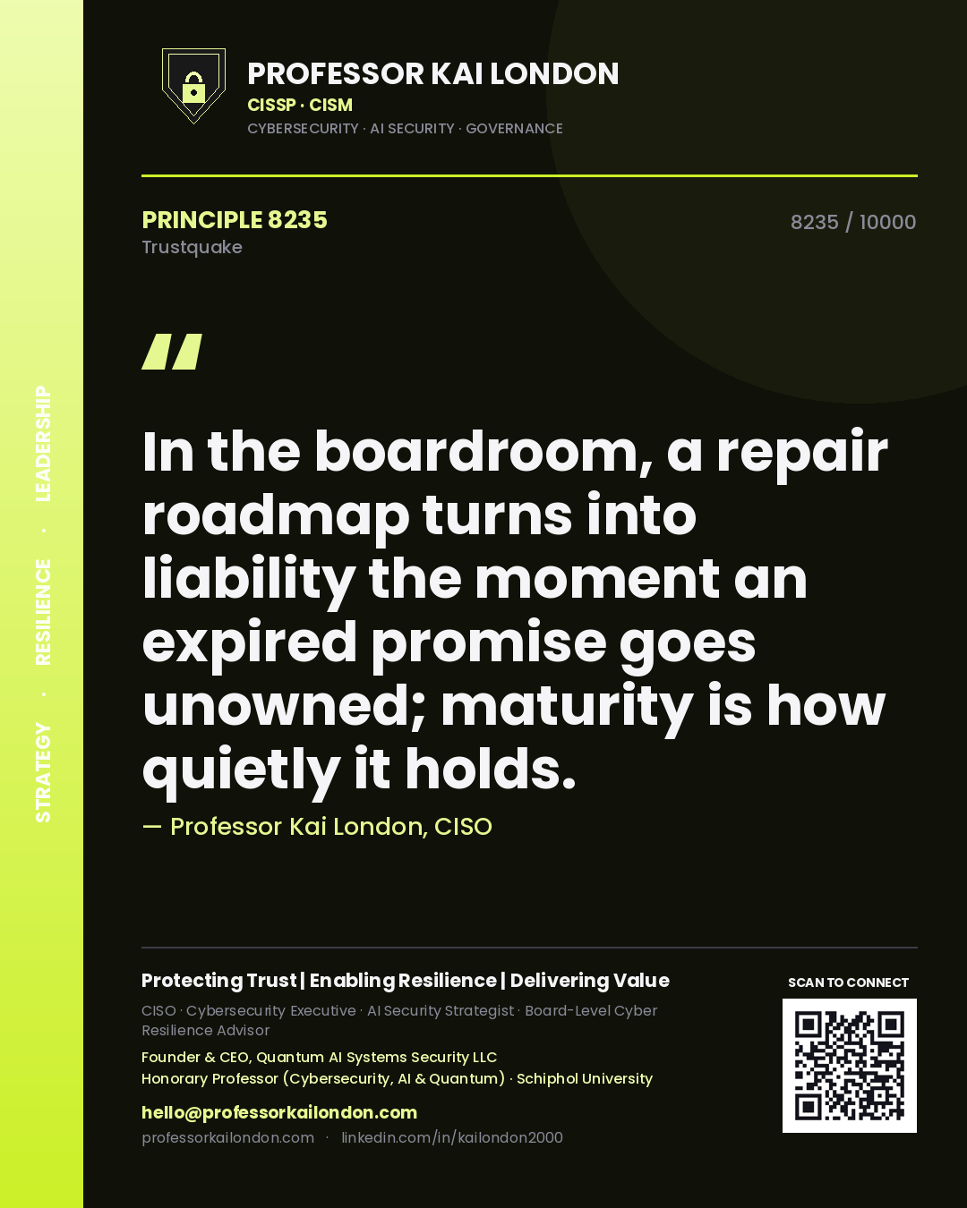 Professor Kai London principle 8235: In the boardroom, a repair roadmap turns into liability the moment an expired promise goes unowned; maturity is how quietly it holds.