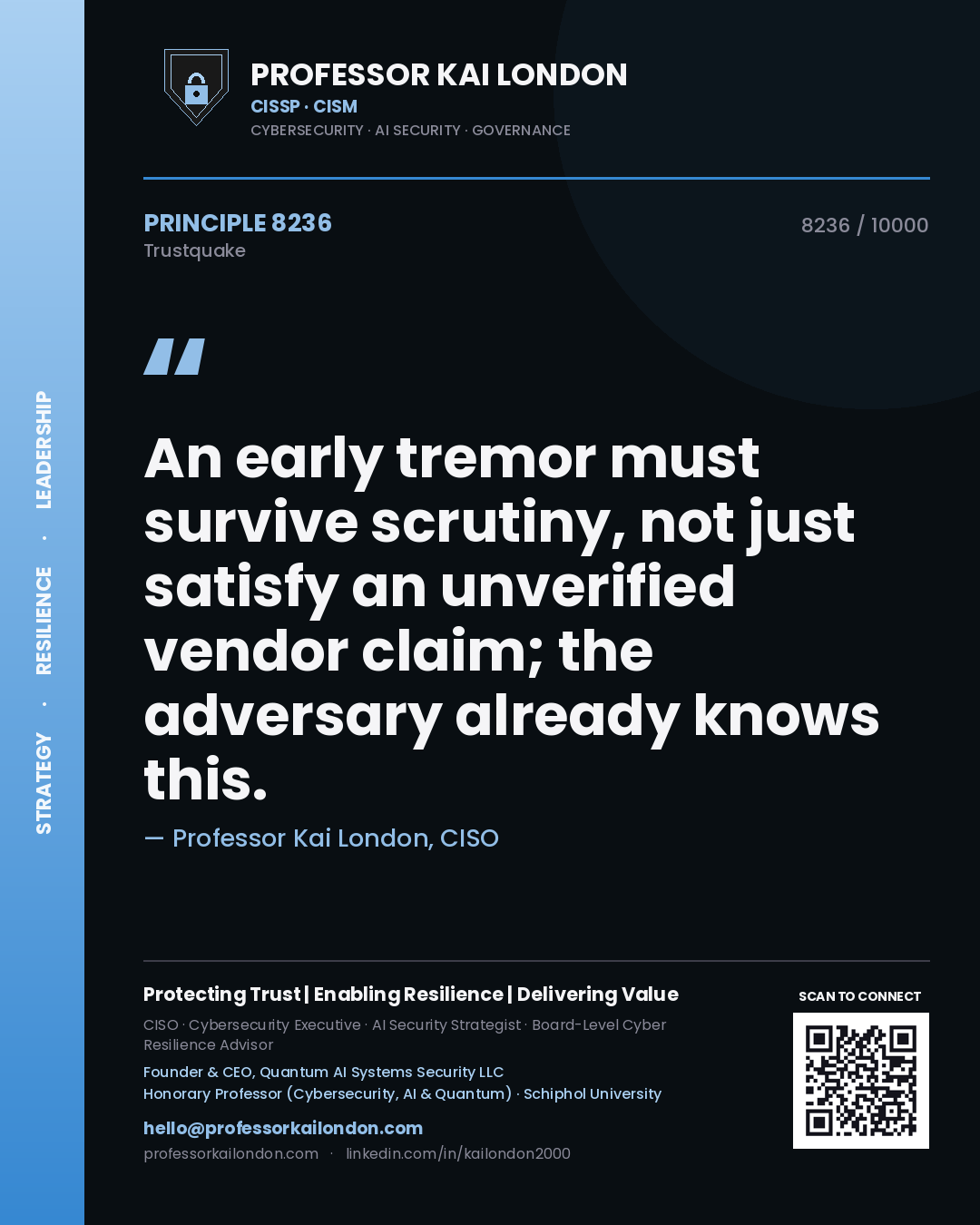 Professor Kai London principle 8236: An early tremor must survive scrutiny, not just satisfy an unverified vendor claim; the adversary already knows this.