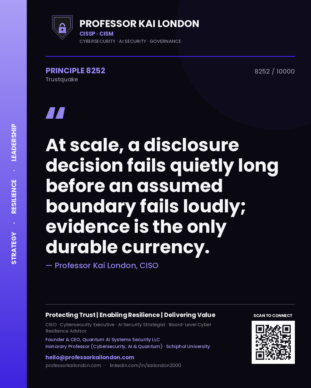 Quote card by Professor Kai London reading 'At scale, a disclosure decision fails quietly long before an assumed boundary fails loudly; evidence is the only durable currency.'. From the book Trustquake.