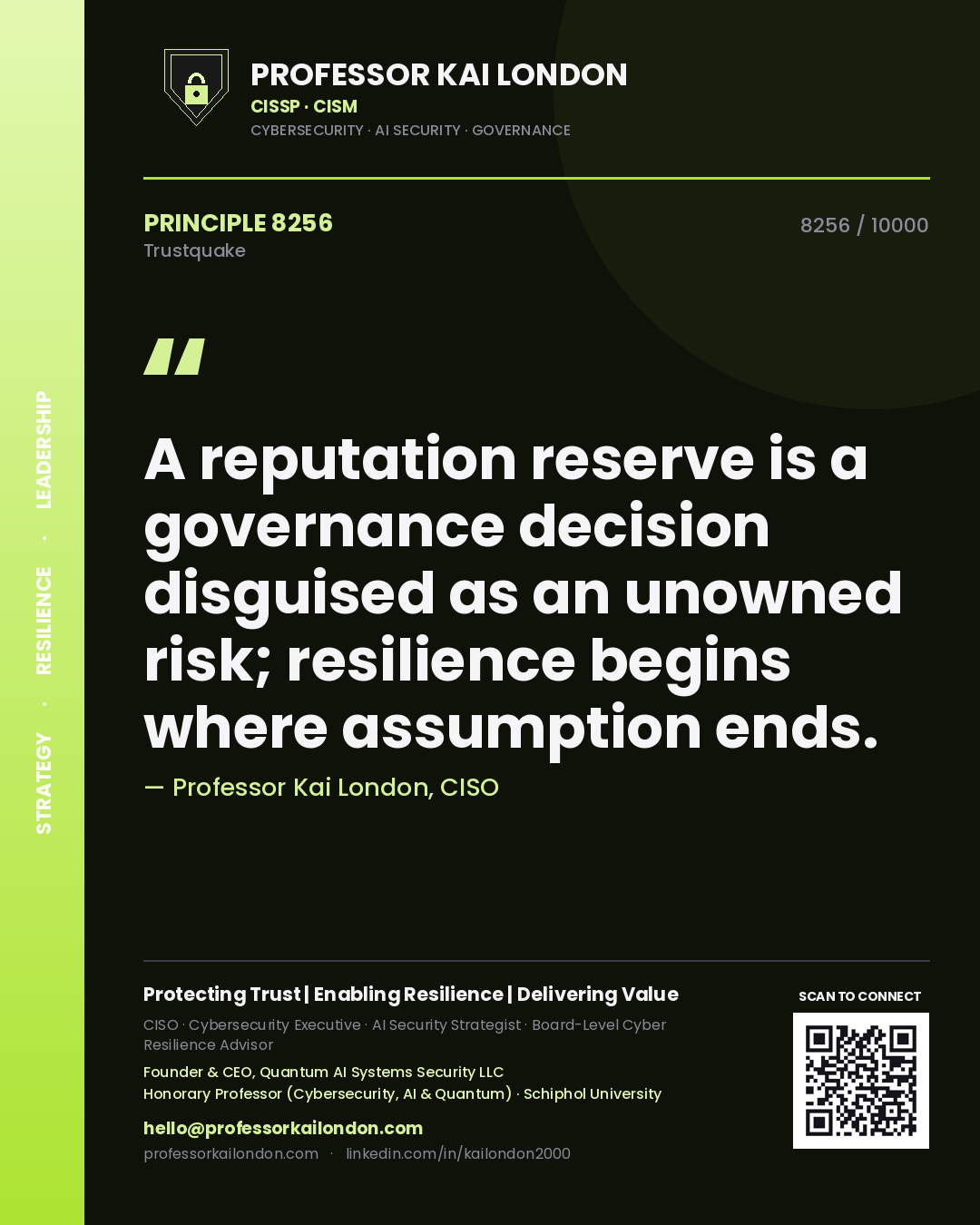 Professor Kai London principle 8256: A reputation reserve is a governance decision disguised as an unowned risk; resilience begins where assumption ends.