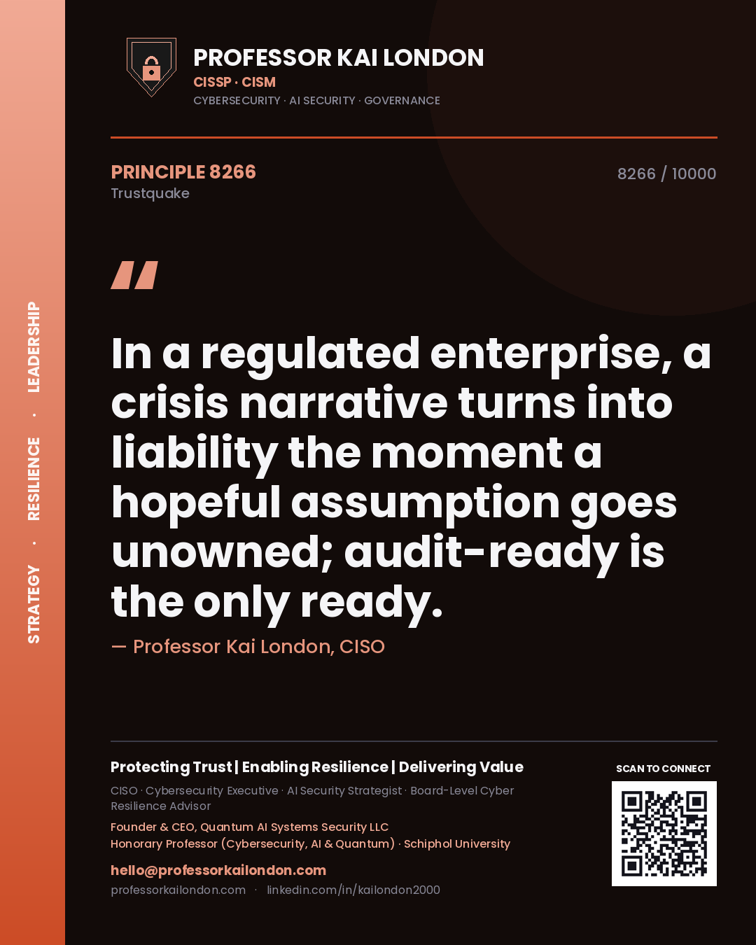 Professor Kai London principle 8266: In a regulated enterprise, a crisis narrative turns into liability the moment a hopeful assumption goes unowned; audit-ready is the only ready.