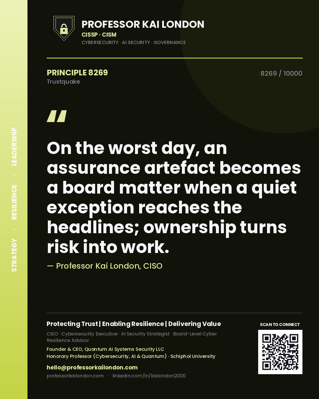 Professor Kai London principle 8269: On the worst day, an assurance artefact becomes a board matter when a quiet exception reaches the headlines; ownership turns risk into work.