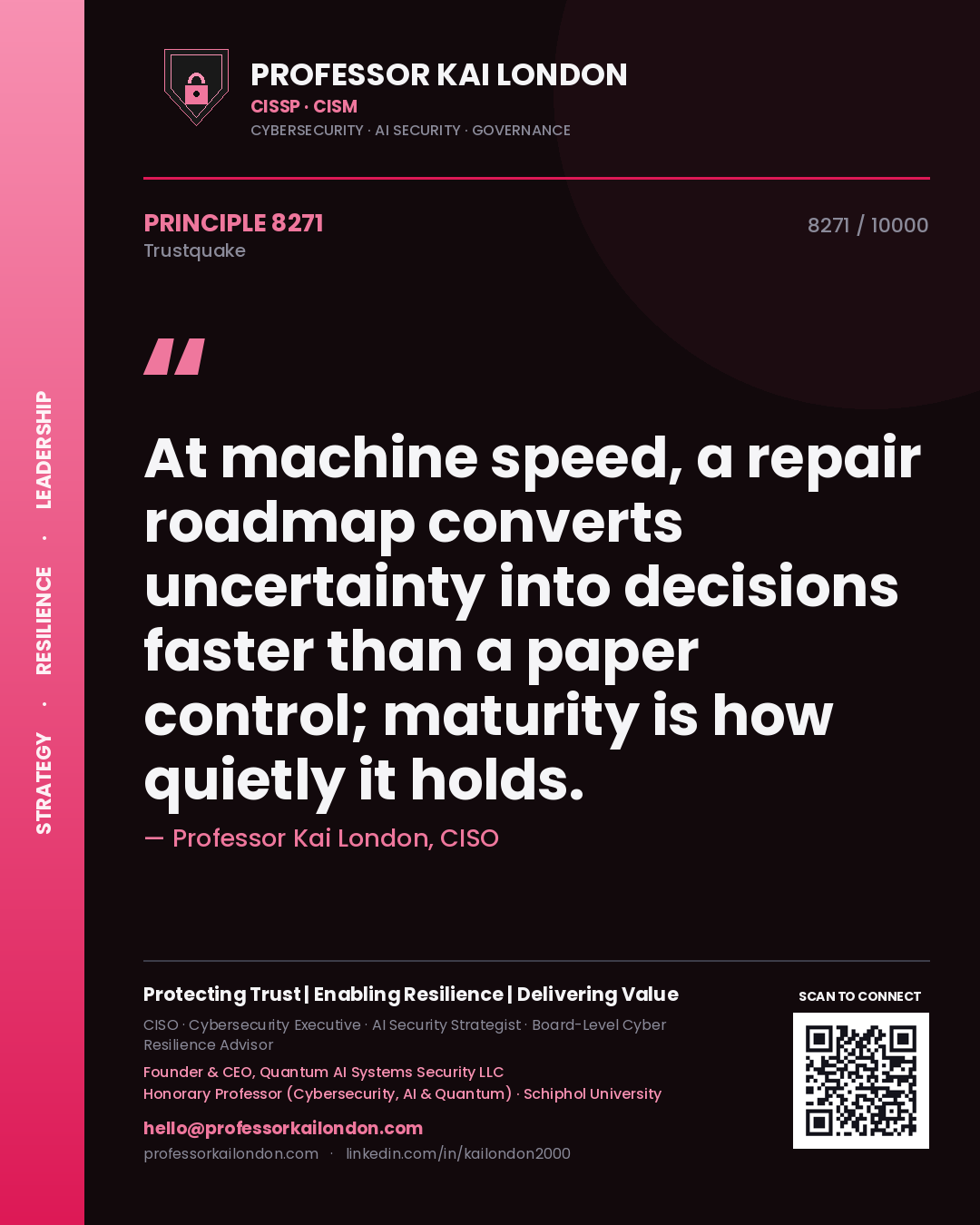Professor Kai London principle 8271: At machine speed, a repair roadmap converts uncertainty into decisions faster than a paper control; maturity is how quietly it holds.