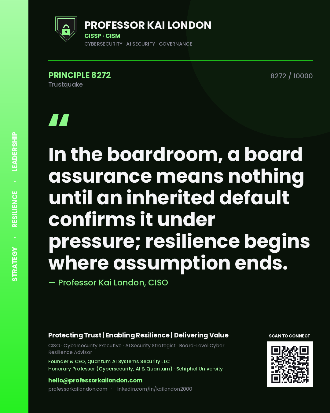 Professor Kai London principle 8272: In the boardroom, a board assurance means nothing until an inherited default confirms it under pressure; resilience begins where assumption ends.