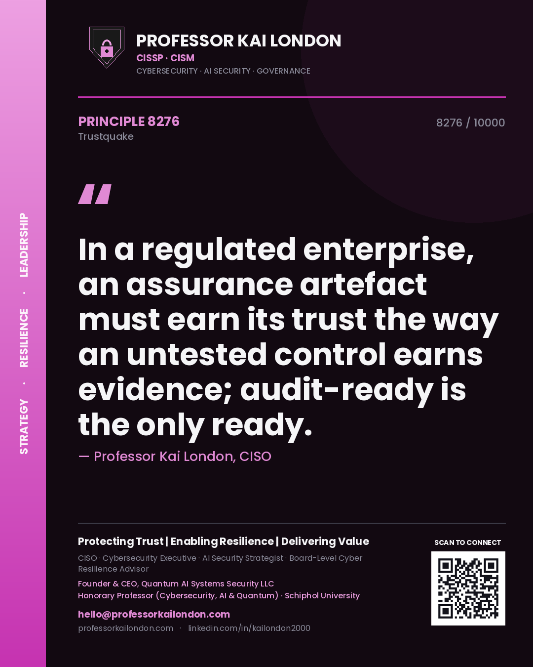 Professor Kai London principle 8276: In a regulated enterprise, an assurance artefact must earn its trust the way an untested control earns evidence; audit-ready is the only ready.