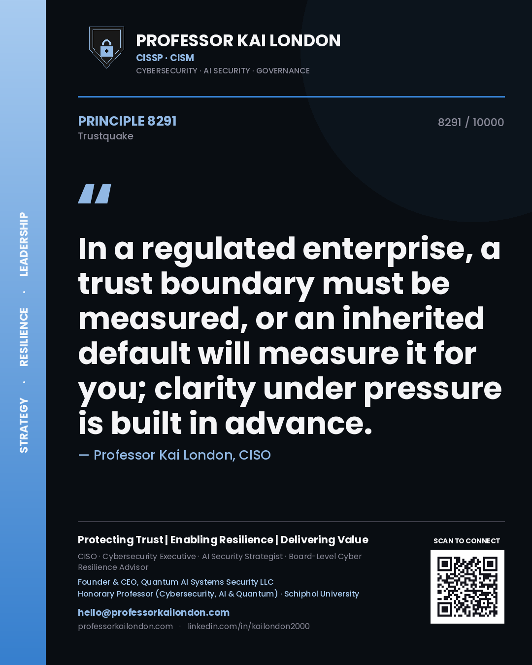Quote card by Professor Kai London reading 'In a regulated enterprise, a trust boundary must be measured, or an inherited default will measure it for you; clarity under pressure is built in advance.'. From the book Trustquake.