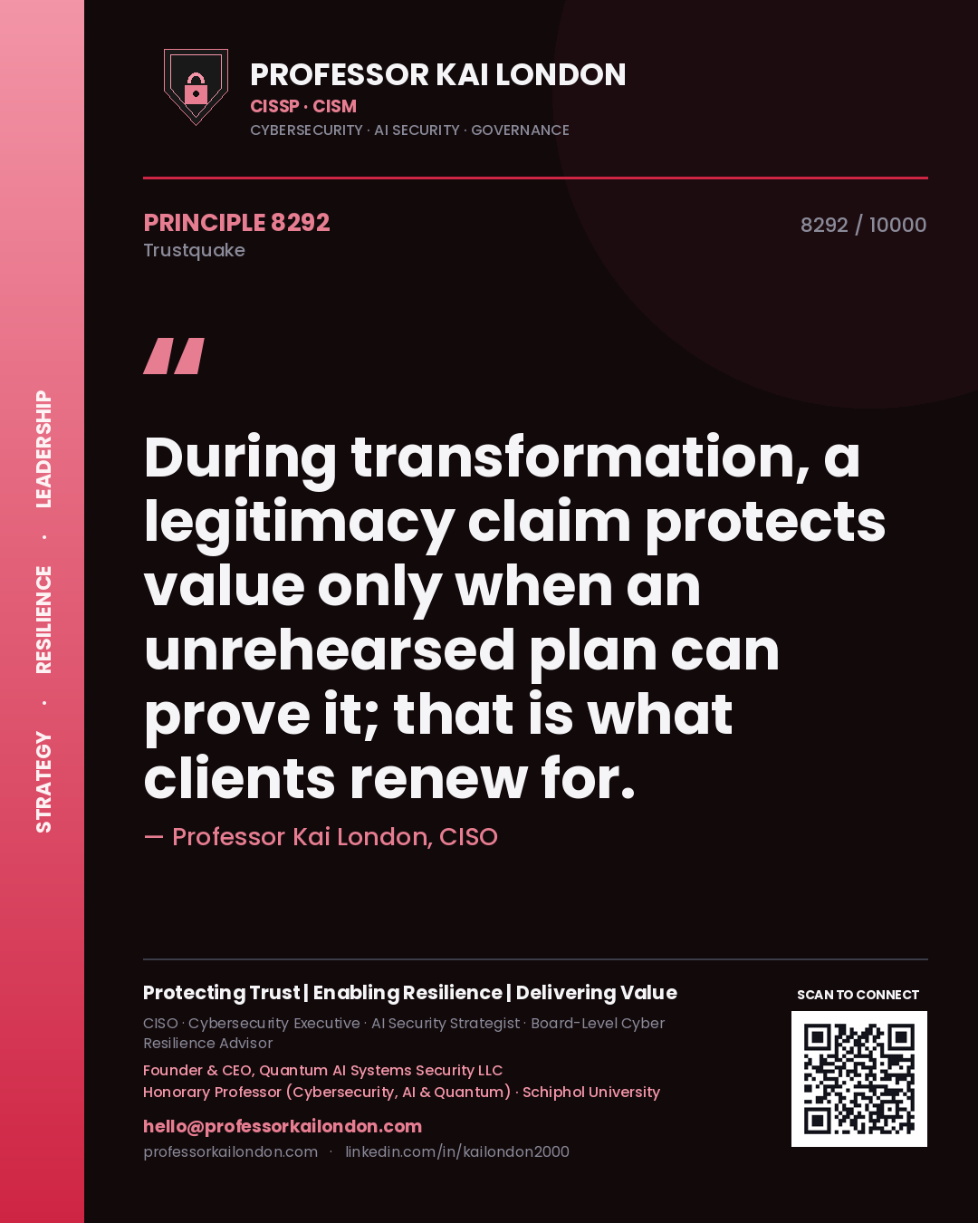 Professor Kai London principle 8292: During transformation, a legitimacy claim protects value only when an unrehearsed plan can prove it; that is what clients renew for.