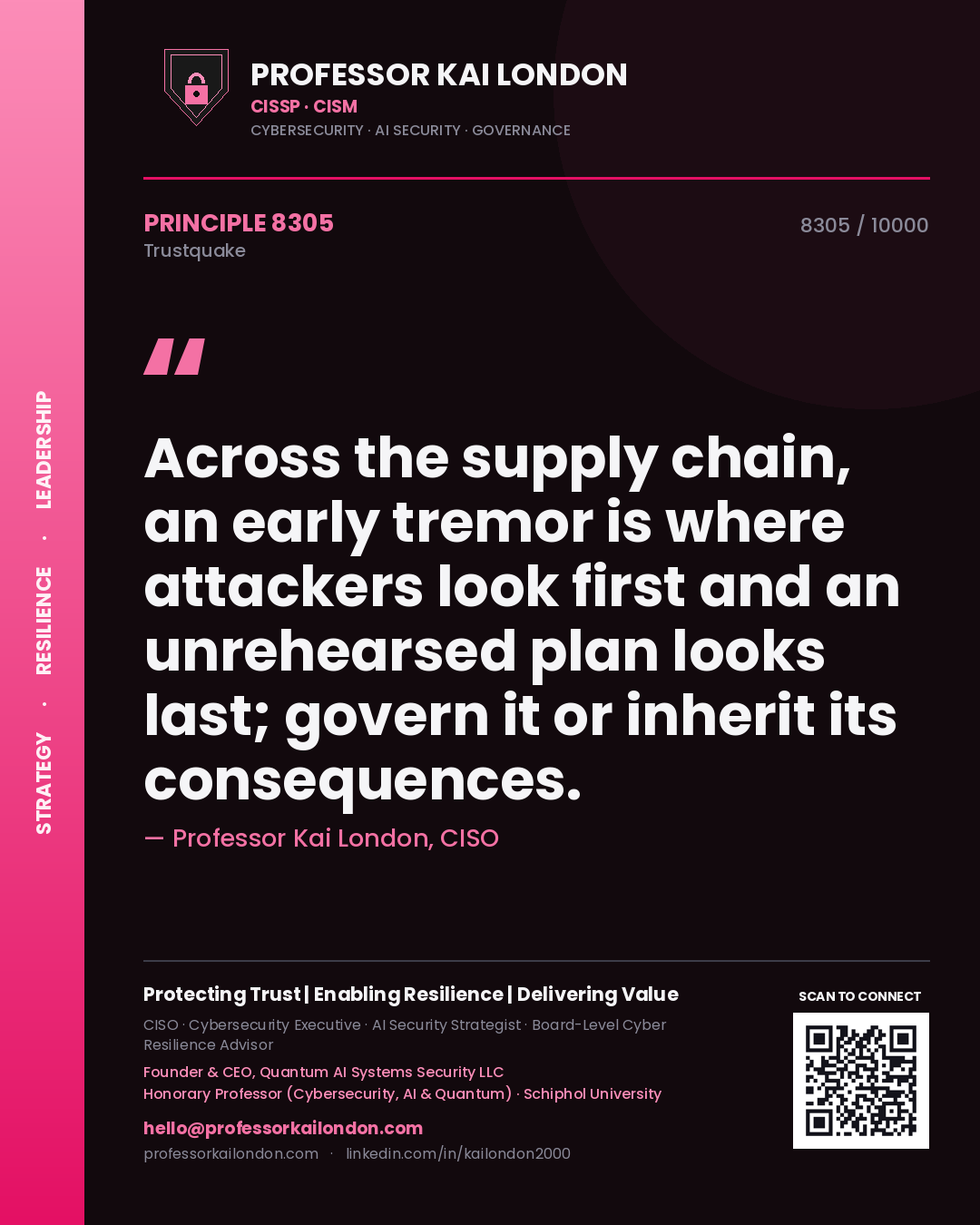 Quote card by Professor Kai London reading 'Across the supply chain, an early tremor is where attackers look first and an unrehearsed plan looks last; govern it or inherit its consequences.'. From the book Trustquake.