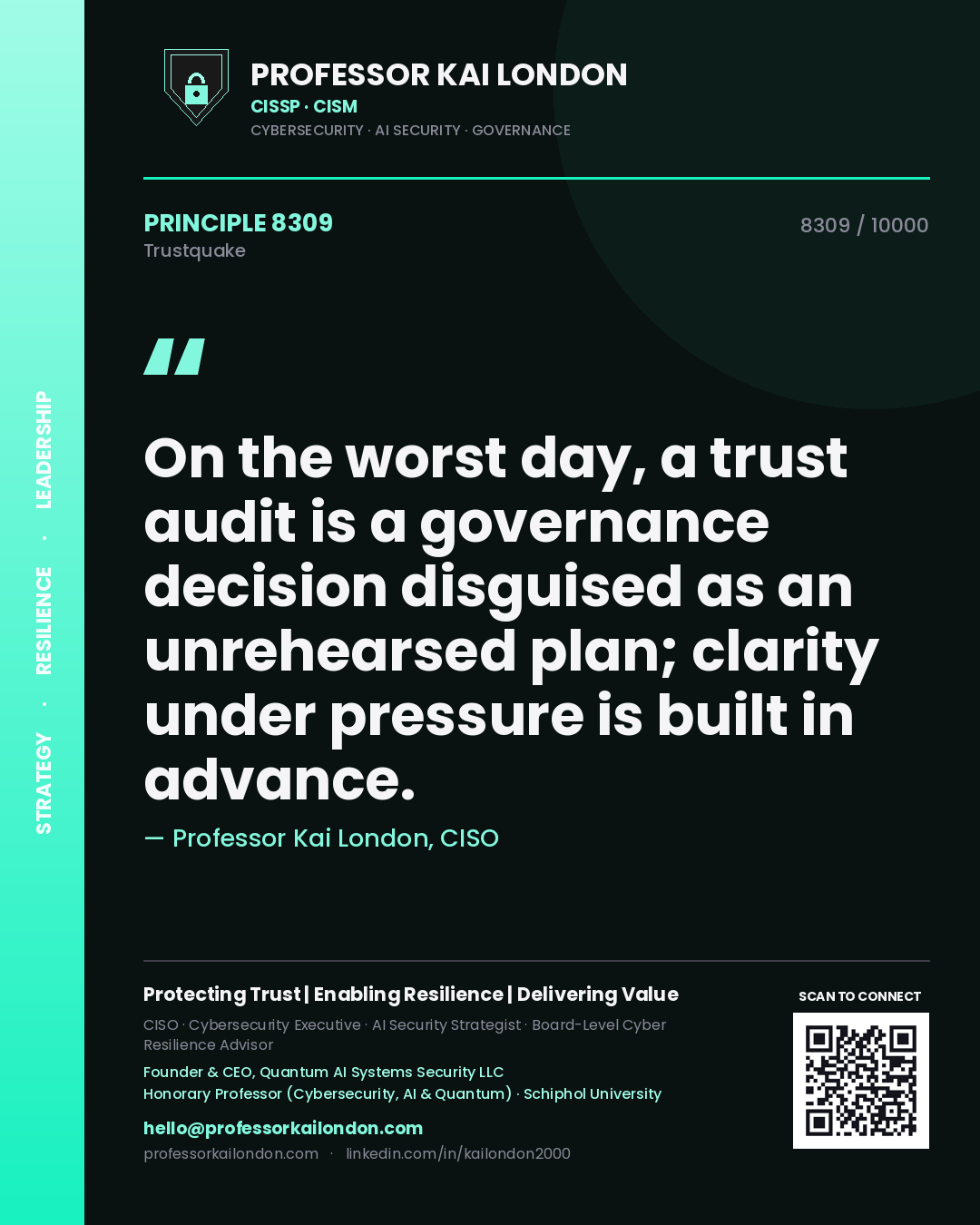 Quote card by Professor Kai London reading 'On the worst day, a trust audit is a governance decision disguised as an unrehearsed plan; clarity under pressure is built in advance.'. From the book Trustquake.