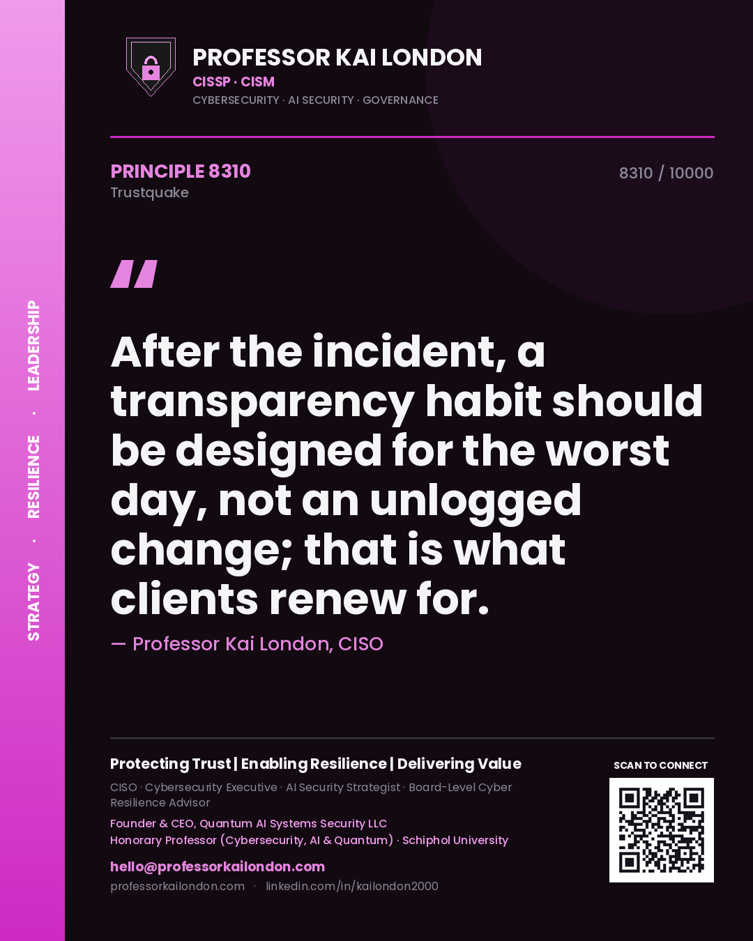 Professor Kai London principle 8310: After the incident, a transparency habit should be designed for the worst day, not an unlogged change; that is what clients renew for.