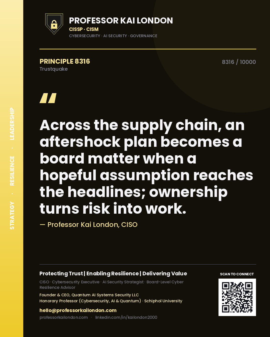 Professor Kai London principle 8316: Across the supply chain, an aftershock plan becomes a board matter when a hopeful assumption reaches the headlines; ownership turns risk into work.