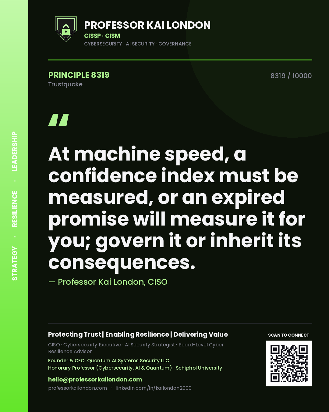 Professor Kai London principle 8319: At machine speed, a confidence index must be measured, or an expired promise will measure it for you; govern it or inherit its consequences.