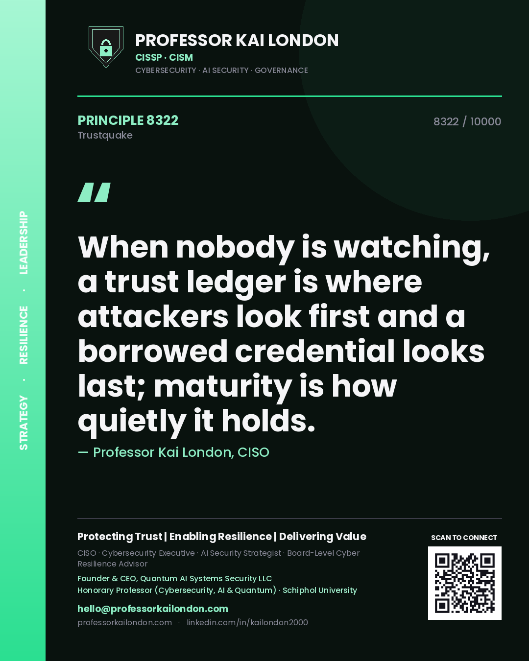 Professor Kai London principle 8322: When nobody is watching, a trust ledger is where attackers look first and a borrowed credential looks last; maturity is how quietly it holds.