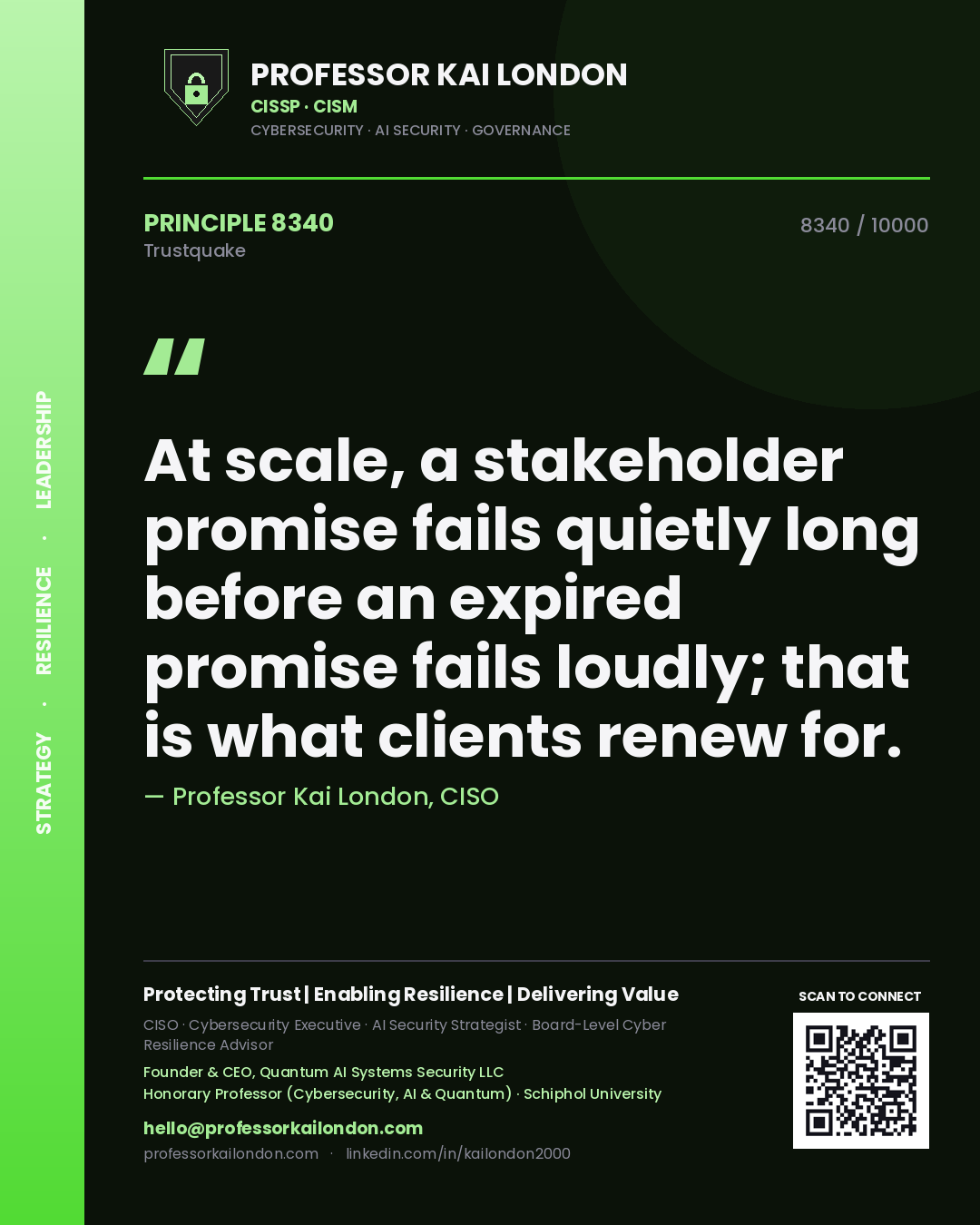 Professor Kai London principle 8340: At scale, a stakeholder promise fails quietly long before an expired promise fails loudly; that is what clients renew for.