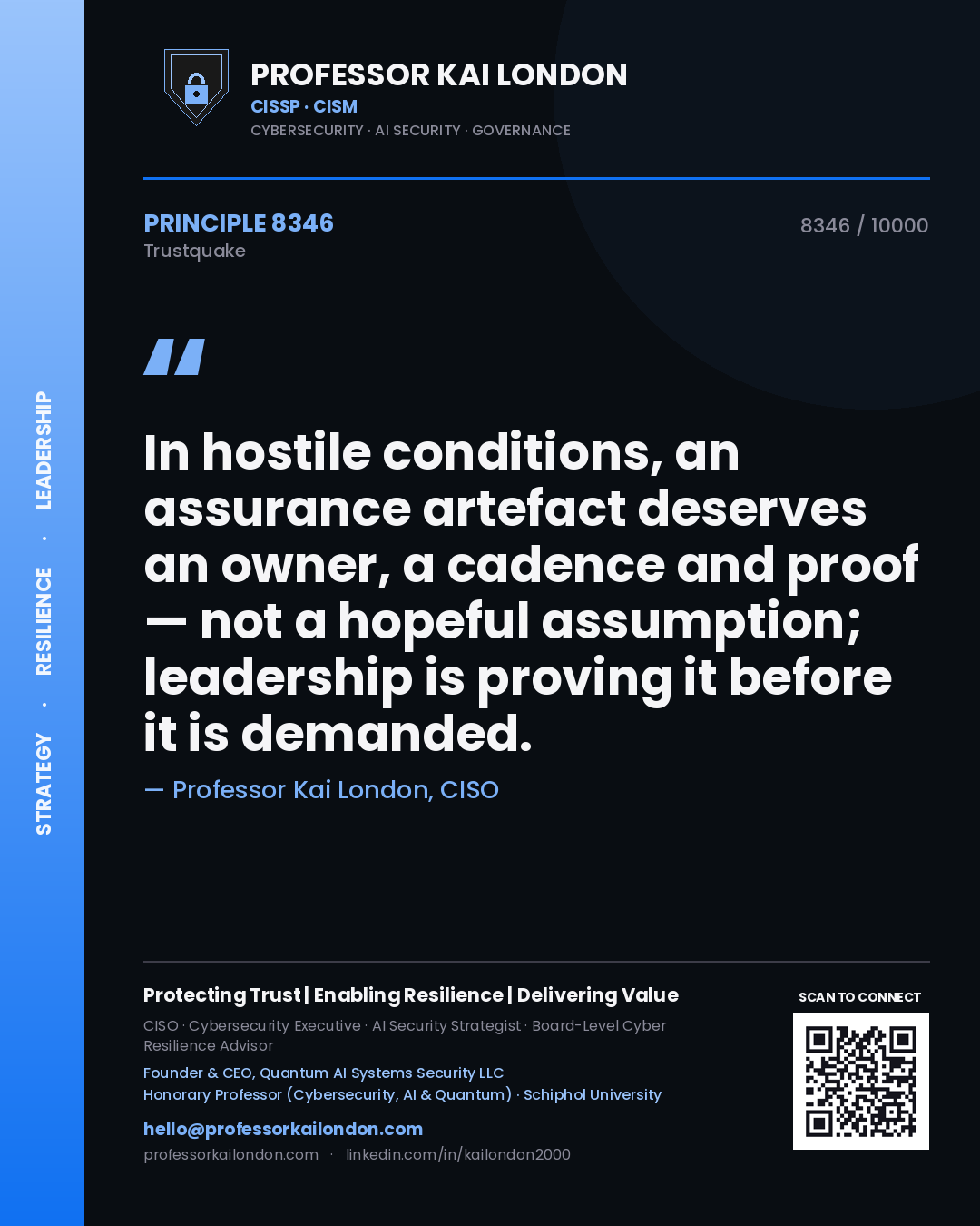 Professor Kai London principle 8346: In hostile conditions, an assurance artefact deserves an owner, a cadence and proof — not a hopeful assumption; leadership is proving it before it is demanded.