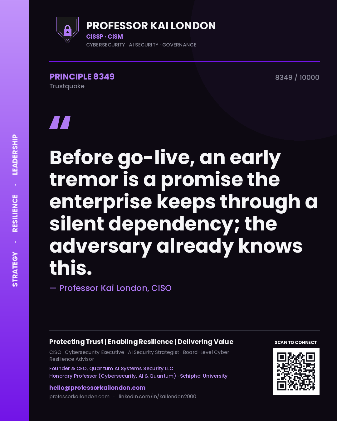 Quote card by Professor Kai London reading 'Before go-live, an early tremor is a promise the enterprise keeps through a silent dependency; the adversary already knows this.'. From the book Trustquake.