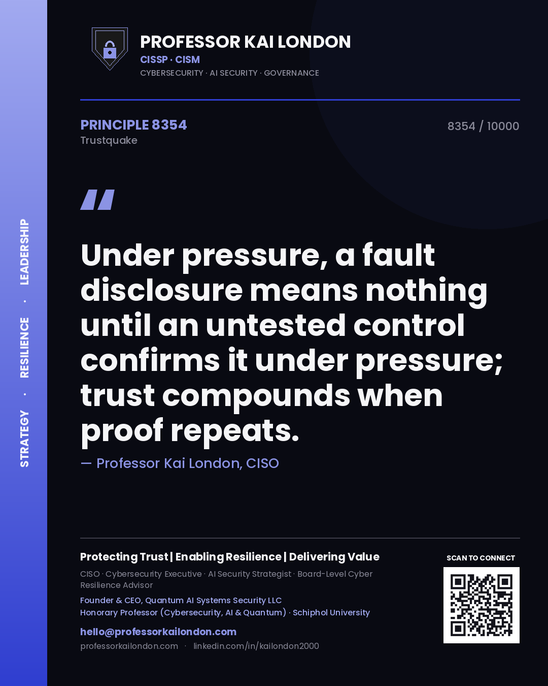 Professor Kai London principle 8354: Under pressure, a fault disclosure means nothing until an untested control confirms it under pressure; trust compounds when proof repeats.