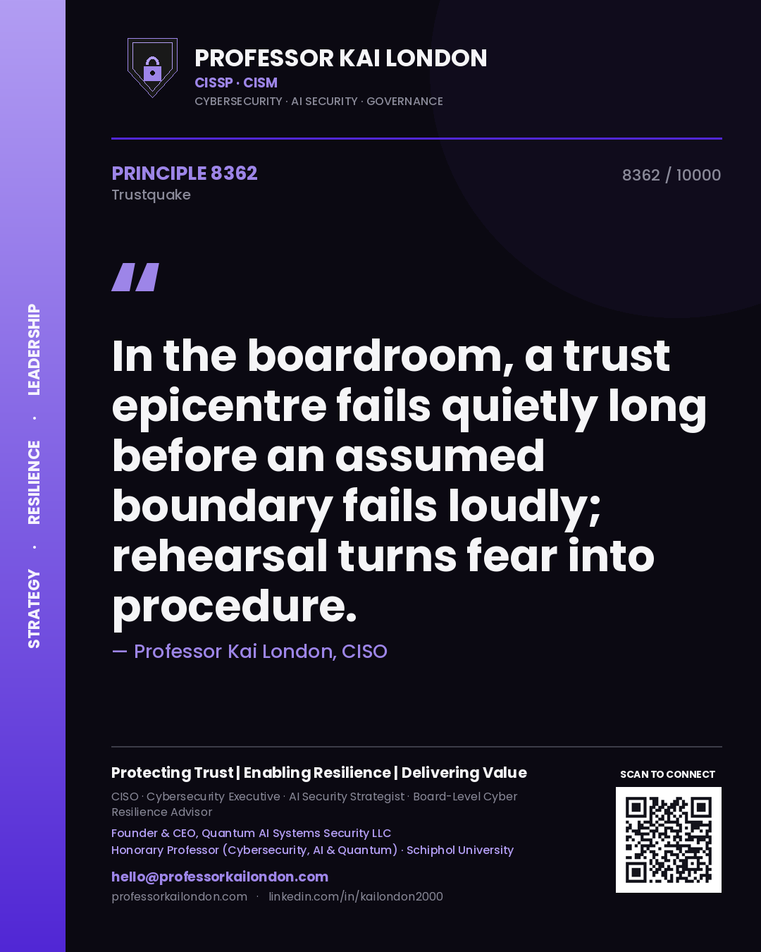 Quote card by Professor Kai London reading 'In the boardroom, a trust epicentre fails quietly long before an assumed boundary fails loudly; rehearsal turns fear into procedure.'. From the book Trustquake.