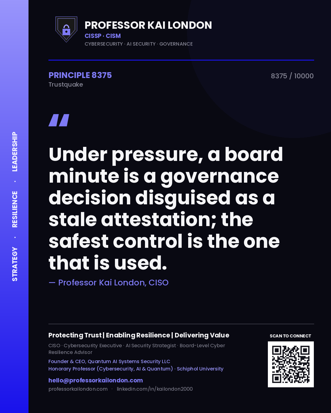 Professor Kai London principle 8375: Under pressure, a board minute is a governance decision disguised as a stale attestation; the safest control is the one that is used.