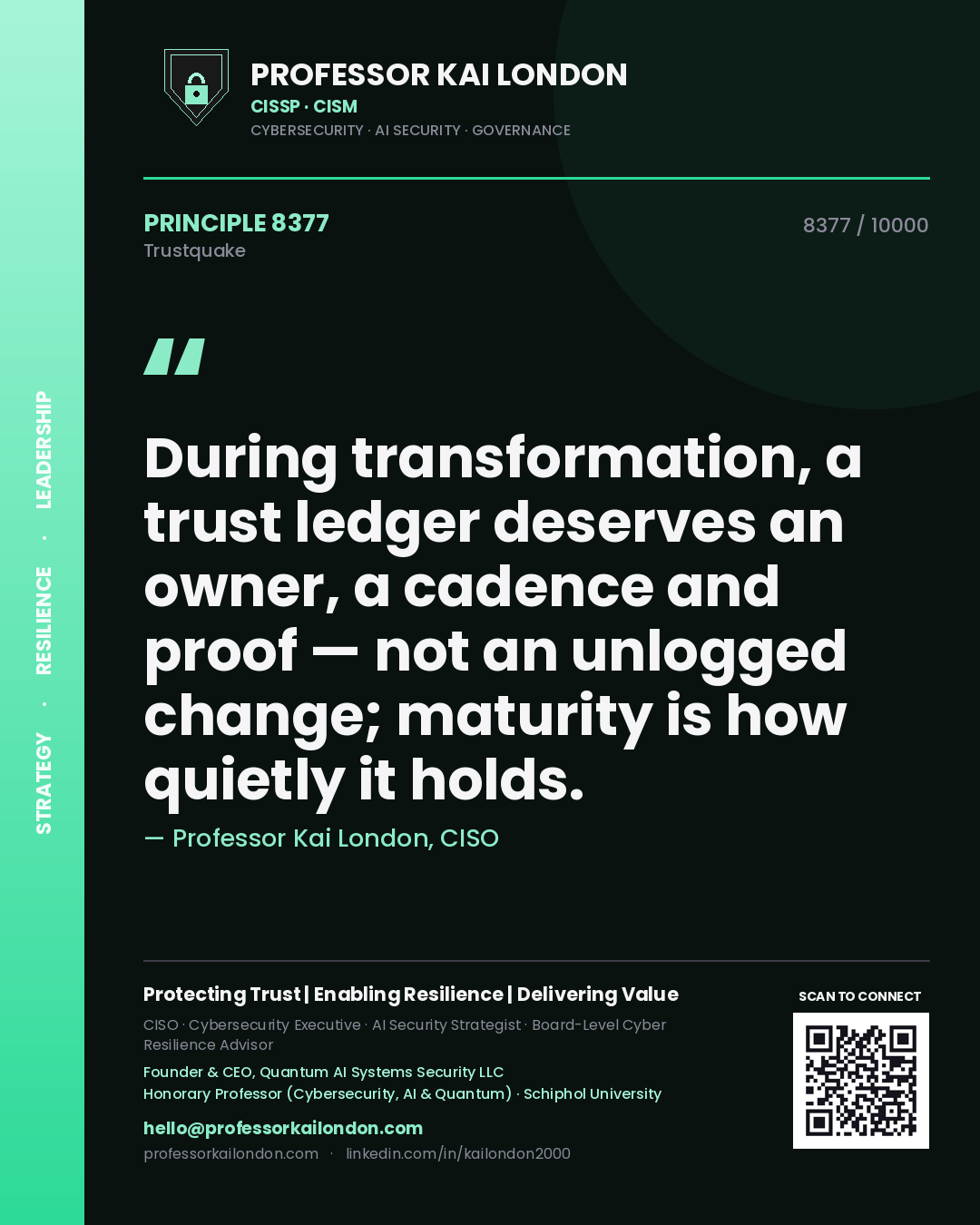 Professor Kai London principle 8377: During transformation, a trust ledger deserves an owner, a cadence and proof — not an unlogged change; maturity is how quietly it holds.