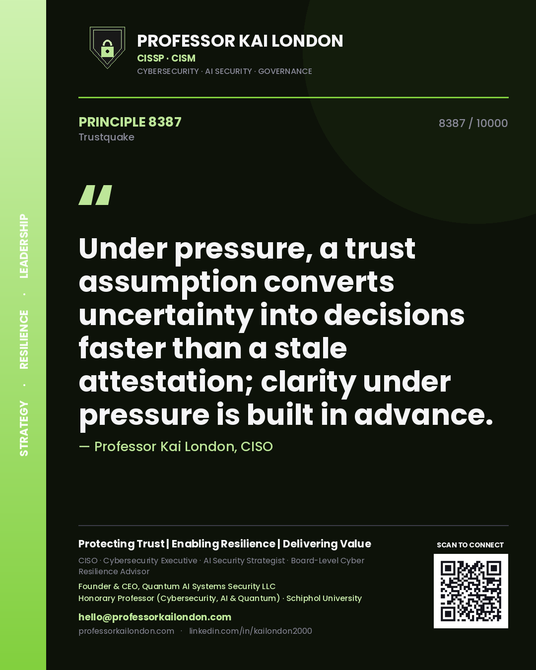 Quote card by Professor Kai London reading 'Under pressure, a trust assumption converts uncertainty into decisions faster than a stale attestation; clarity under pressure is built in advance.'. From the book Trustquake.