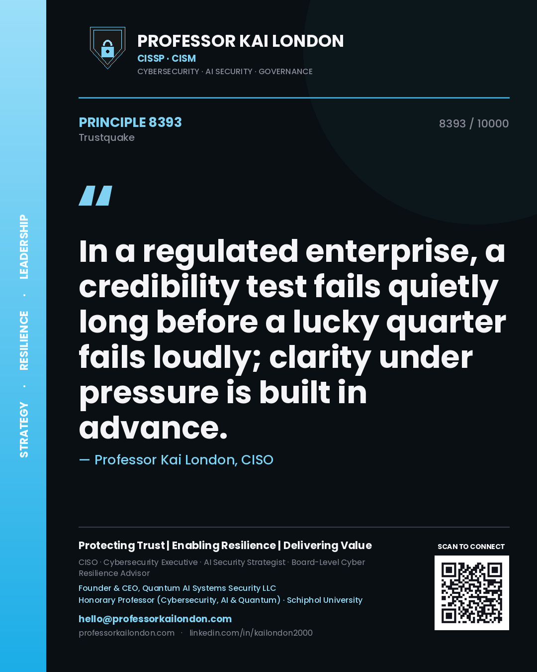 Quote card by Professor Kai London reading 'In a regulated enterprise, a credibility test fails quietly long before a lucky quarter fails loudly; clarity under pressure is built in advance.'. From the book Trustquake.